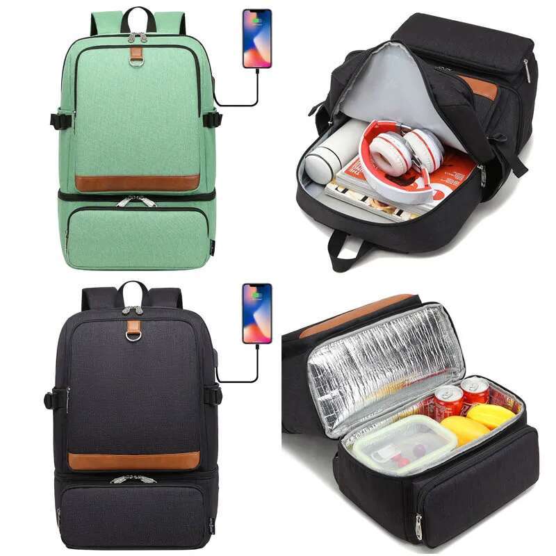 Large Capacity Laptop Backpack Compartment USB Waterproof Backpacks Cooler Bags Outdoor Hiking Thermal Insulated Lunch Bag