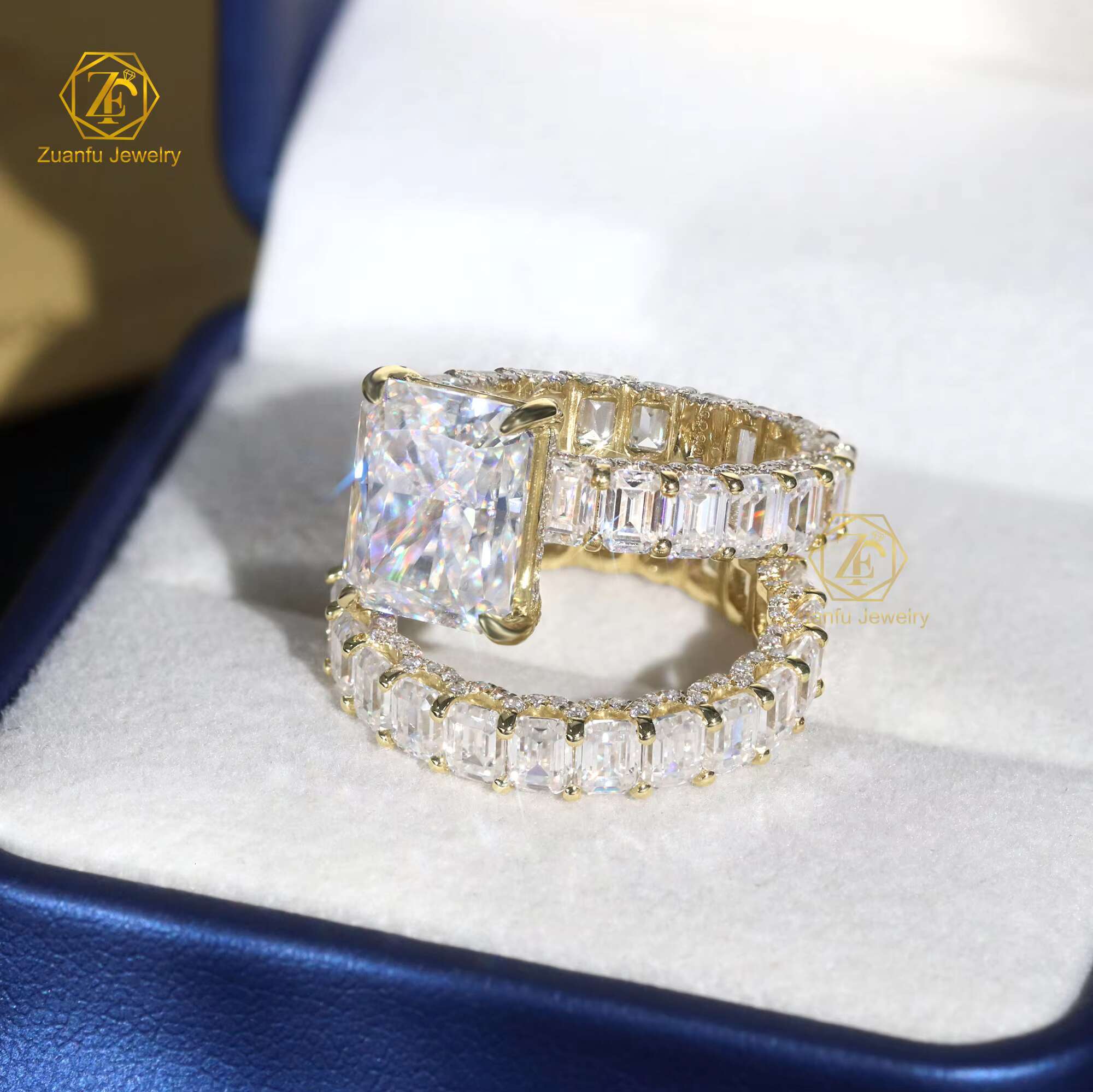 Full Eternity Emerald Band 3x4mm with 5carat Radiant Diamond Ring 14K White Gold Moissanite Diamond Ring