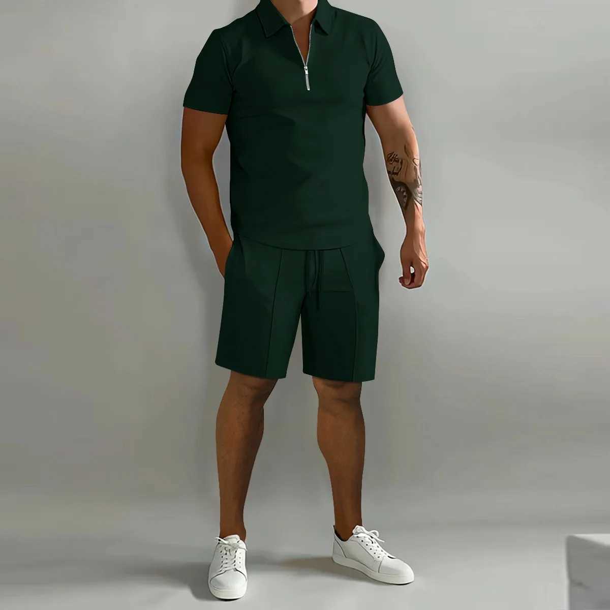 Summer new mens fashion trend fitness sports loose short sleeved shorts mens casual solid color polo shirtXJ250412