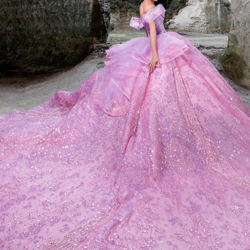 Pink Shiny Princess Quinceanera Dresses Off Shoulder Beads Sequin Applique Lace Tull Sweet 16 Dress Ball Gown Vestidos 15 Anos