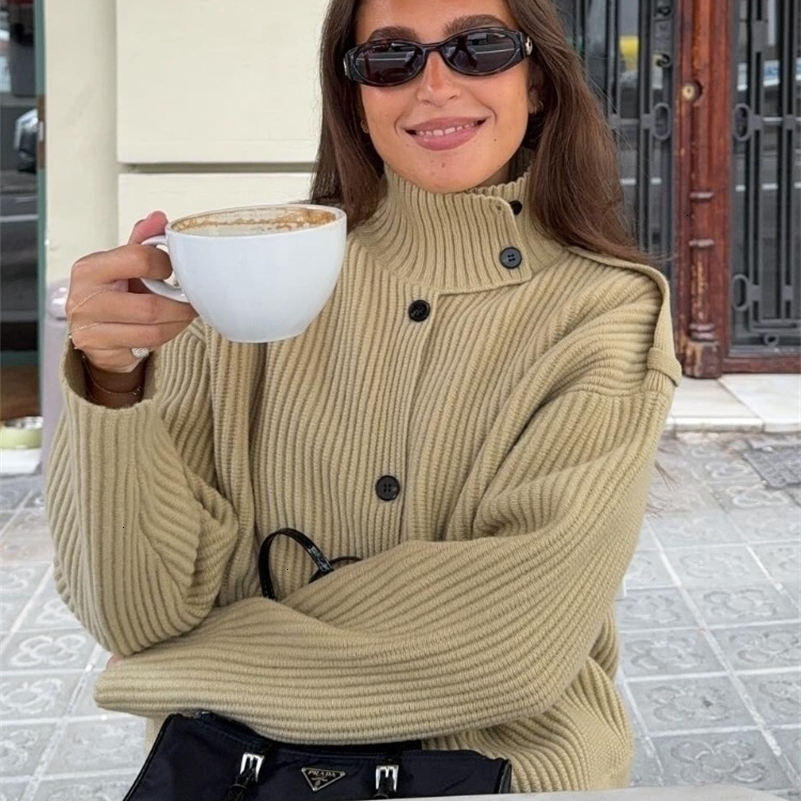 Knitted Womens Cardigan Stand Collar Full Sleeve SingleBreasted Solif Female Cardigans 2025 Autumn Fashion Chic Lady Outwears o251111