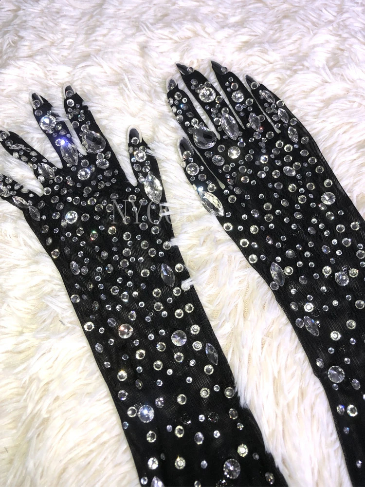 Mesh Black Gloves Shining Crystals Stones Long Mittens Rhinestones Stretch Transparent Bar Singer Party Stage Wear Accessories 250408