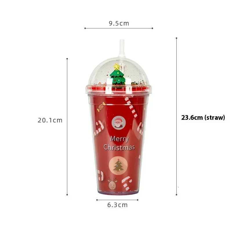 Christmas New Double-layer Straw Coffee Mug Xmas Plastic Cup Home Micro Landscape Christmas Gift Couple Water Cup Wholesale LIJIAO Y251112