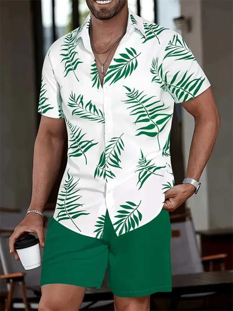 Mens Hawaiian shirt set mens 3D printed short sleeved shirt two-piece summer beach collar shirt set unisex casual clothingXJ250412