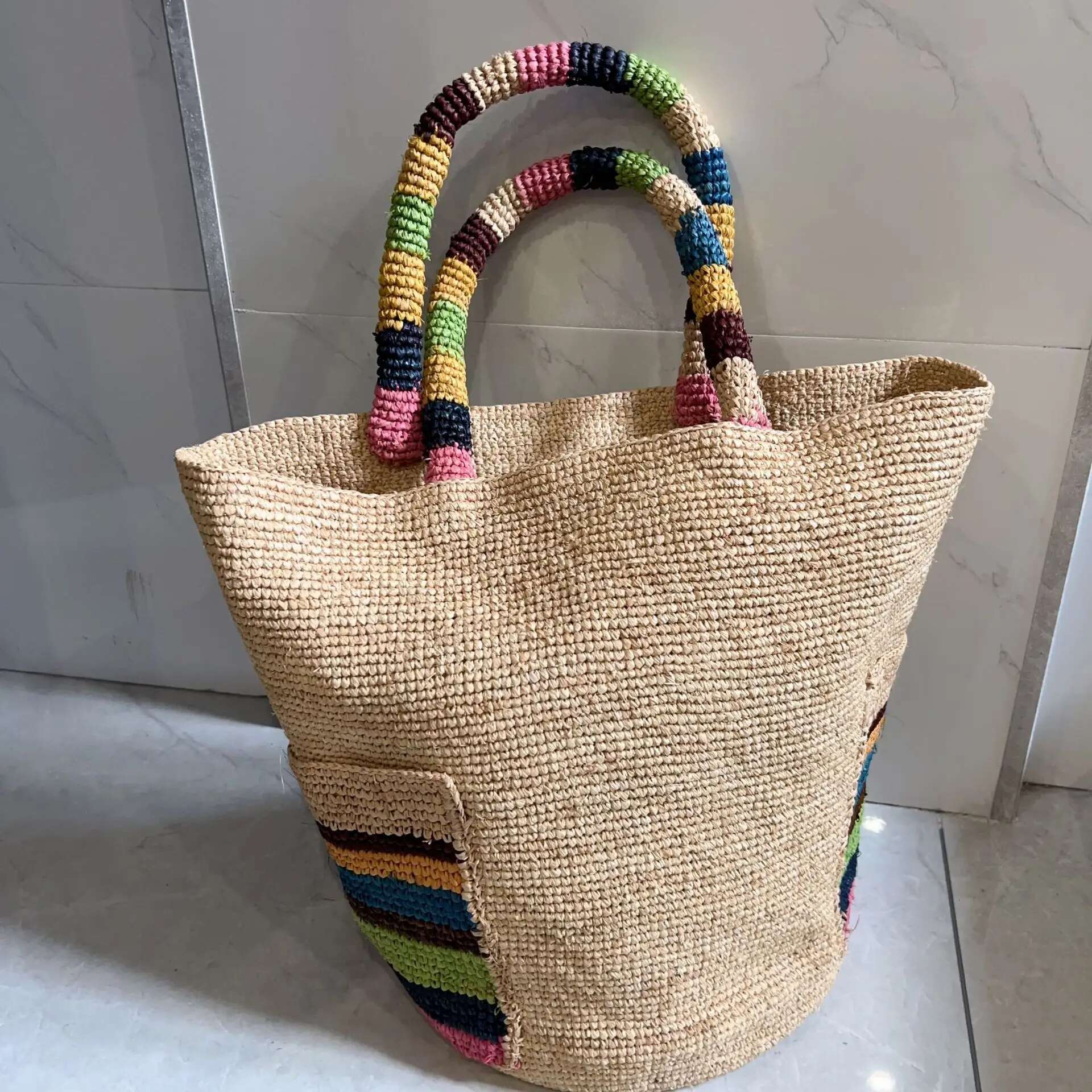 Summer Color Strip Straw Handmade Woven Rattan For Women Handbag NEW Raffia Beach Shoulder Bag Shopper Bucket Bags Tote