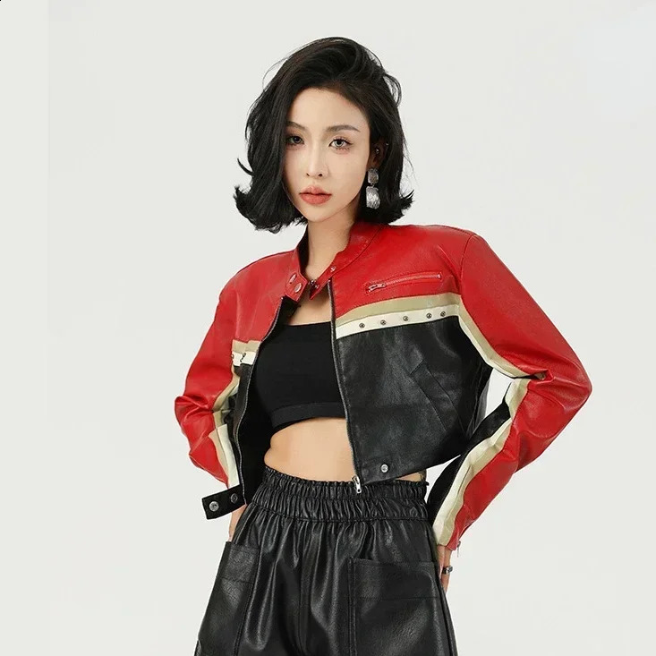 SpringAutumn Womens Fashion Punk Bike Core Color Block Zipper Stud Details Crop PU Leather Jacket Y2K Short Coat 250411