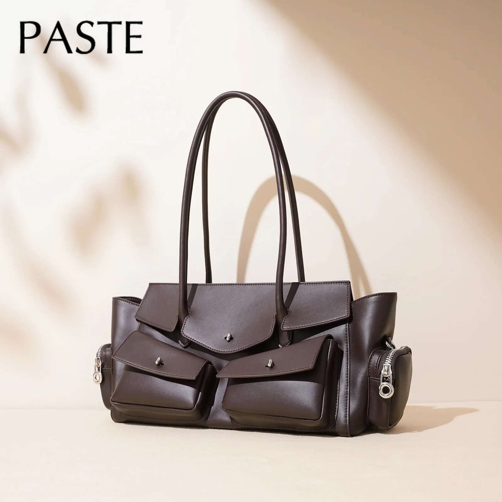 Motorcycle Style Multiple Pockets Design Large Tote Glossy Split Cow Leather Women Handbag Vintage Shoulder Bag Long Handle