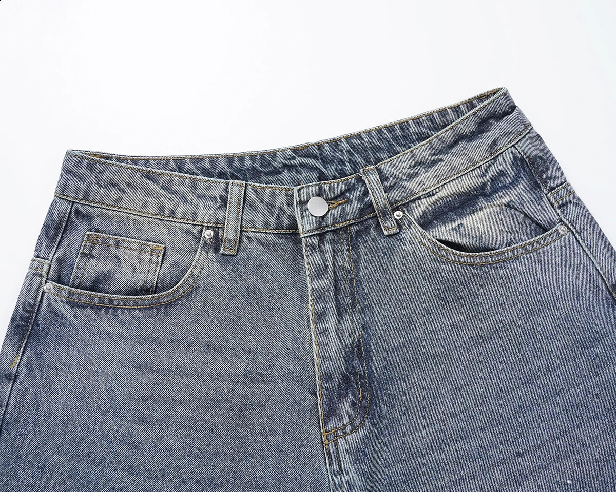 Full rhinestone printed straight blue pocket jeans mens streetwear loose casual denim oversized cargo pants 250410