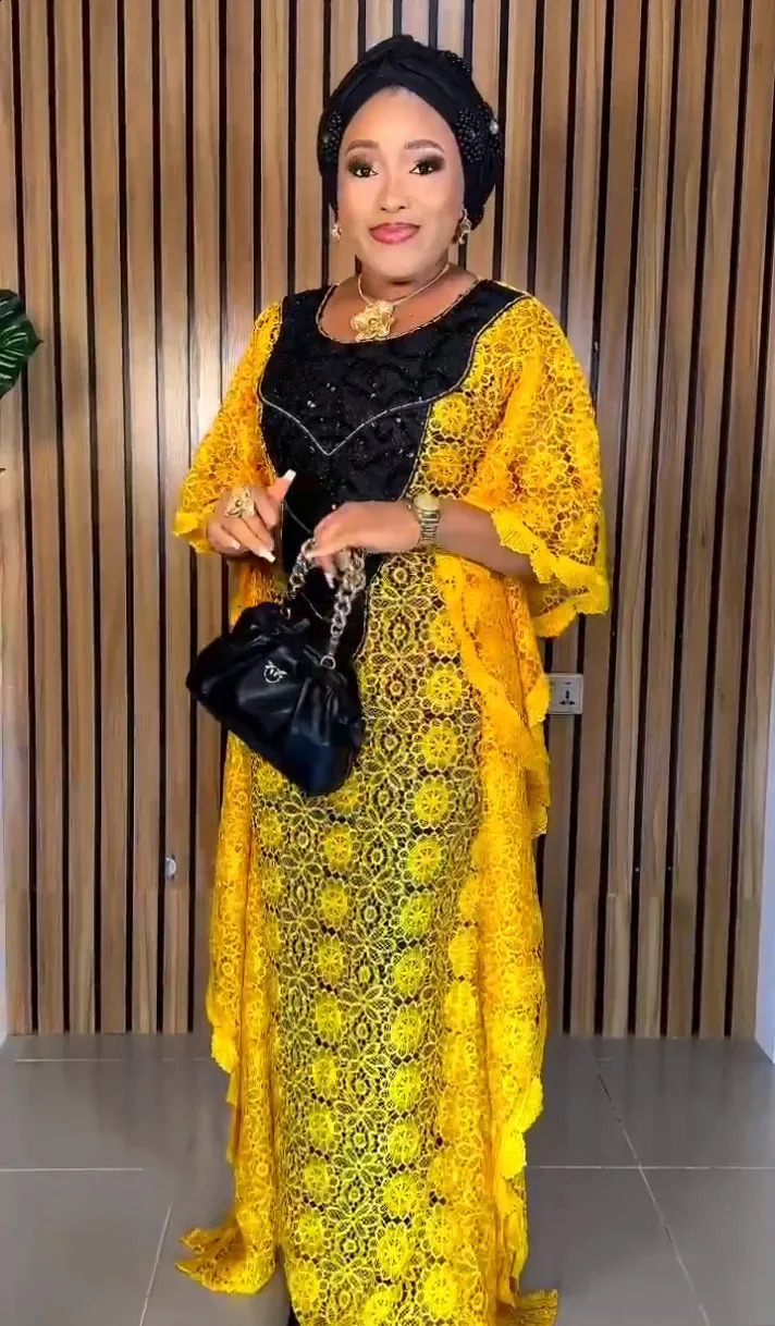 African Womens Wedding Party Dress Autumn 34 Sleeves plus Size Lace Long Clothing 250411