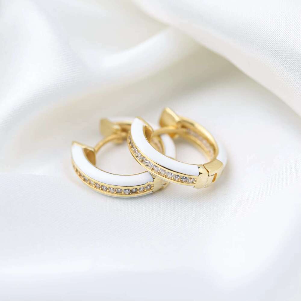 White Enamel Design Shiny Zircon Stone Hoop Earrings Turkish Handcrafted Wholesale Sterg Sier Jewelry