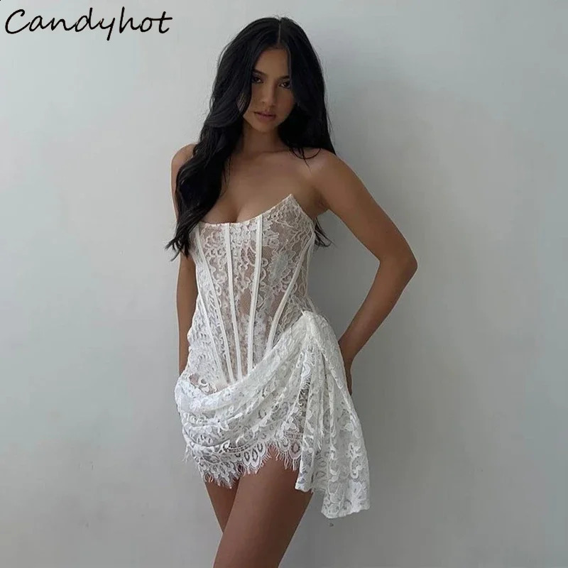 Candy elegant lace strapless sexy see through dress with irregular bandages mini dress summer ultra-thin street party dress 250408