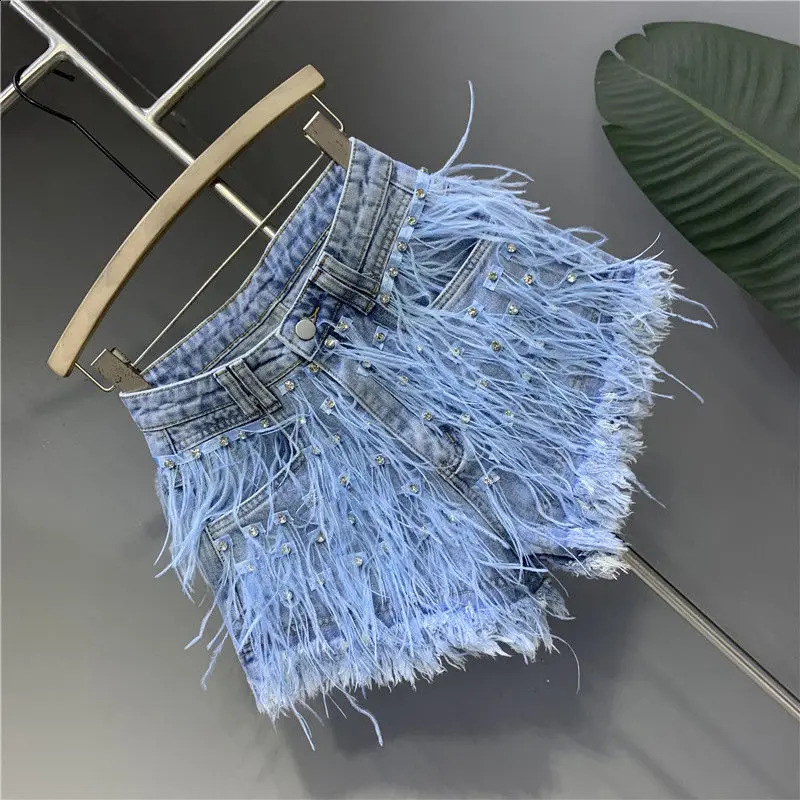 Summer Fashion Denim Shorts Women Personalized Tassel Diamond Wash Light Blue Short Jeans Fashion Sexy Feather Pants 250411