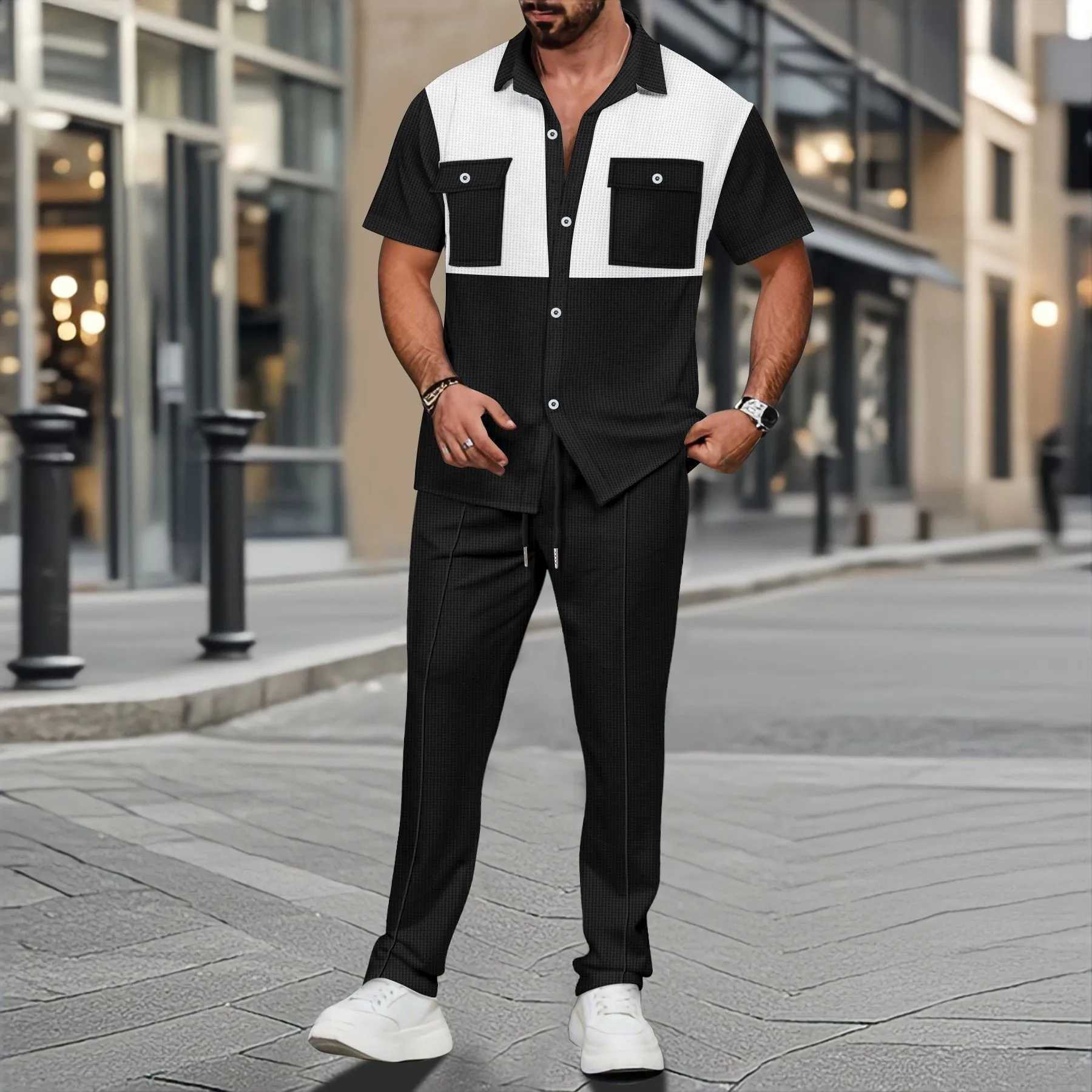 2018 new waffle biscuit summer comfortable casual shirt paired with color double pocket short sleeved cardigan two setsXJ250412