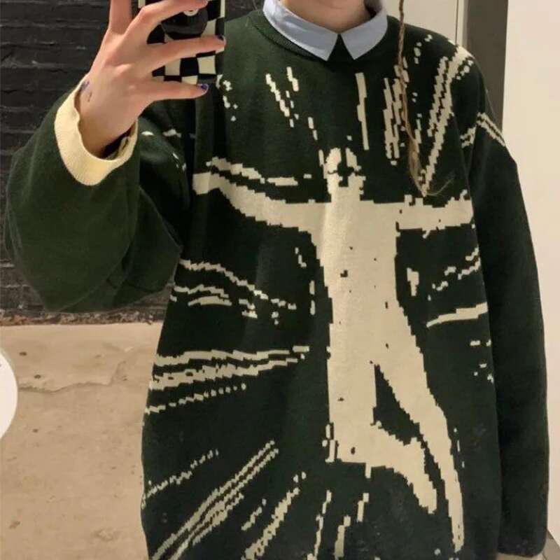 Green Hip Hop Street Gothic Wool Vintage Pullover Knitted For Men And Women Y2k Haruku Punk Style Sweater EMO