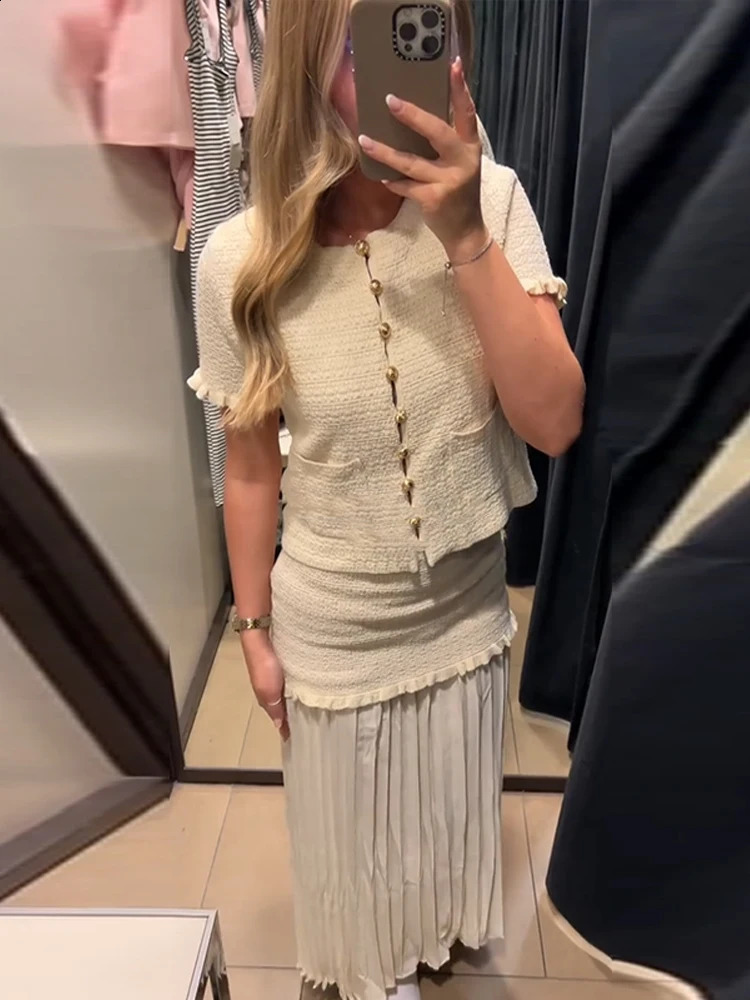 Elegant Ruched Tube Tops Skirts Sets Women Solid Strapless Sleeveless Tank Top Patchwork Pleats Maxi Skirt 2025 Lady Outfits 250411