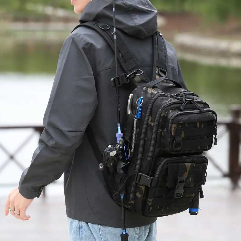 1000D Nylon Waterproof Fishing Backpack Fishing Tackle Storage Bag Double Shoulder Sling Bag for Outdoor Fishing Hunting Hiking Z250411