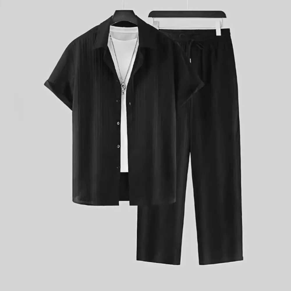 Fashionable new mens collar set mens short sleeved mens elastic pants mens casual summer wearXJ250412