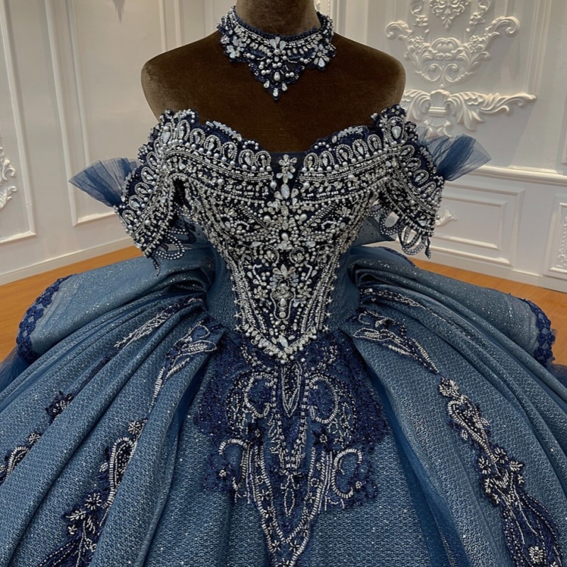 Sea Blue Shiny Quinceanera Dresses Off The Shoulder Applique Lace Beading Crystal Bow Tull Party Birthday Sweet 16 Dress Vestidos 15 De Anos
