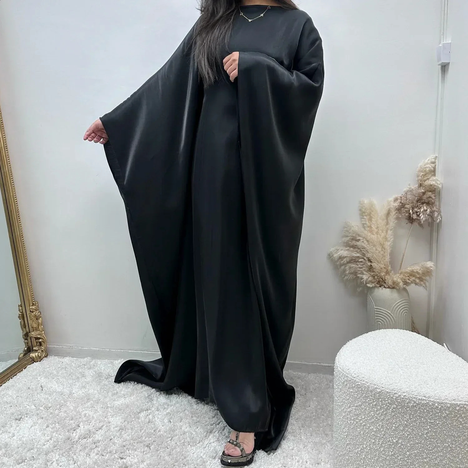 Ramadan satin Abaya Muslim Summer Batwing Sleeve Abayas Womens Kaftan Robe Dress Long 250411