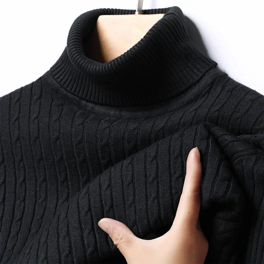 Autumn Winter Mens Turtleneck Sweater Warm Slim Fit Knitted Pullover Jacquard Striped Cozy Soft Knitwear Basic Style 251105