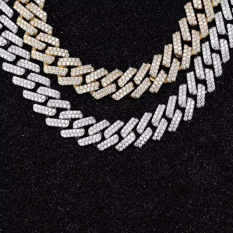 Ready to Ship 2rows 13mm S925 Sterling Silver Men HipHop Diamond Necklace VVS Moissanite Cuban Link Chain