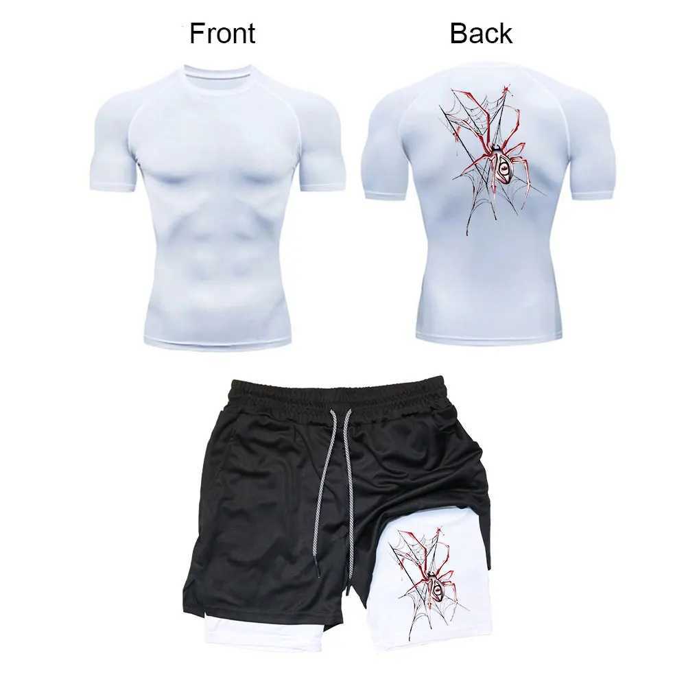 Mens Y2K skeleton printed sportswear fitness compression shirt+2-inch performance shorts summer fitness running set W250412
