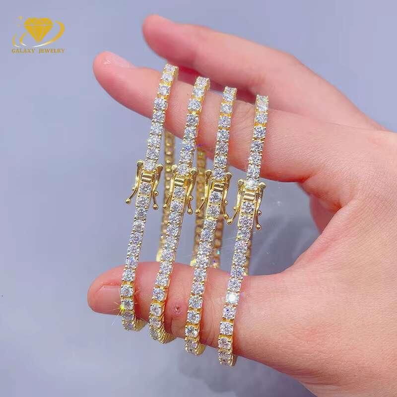 GRA Certificate Hip Hop Jewelry 925 Sterling Silver Gold Plated Iced Out Moissanite Diamond Bracelet 3mm Moissanite Tennis Chain