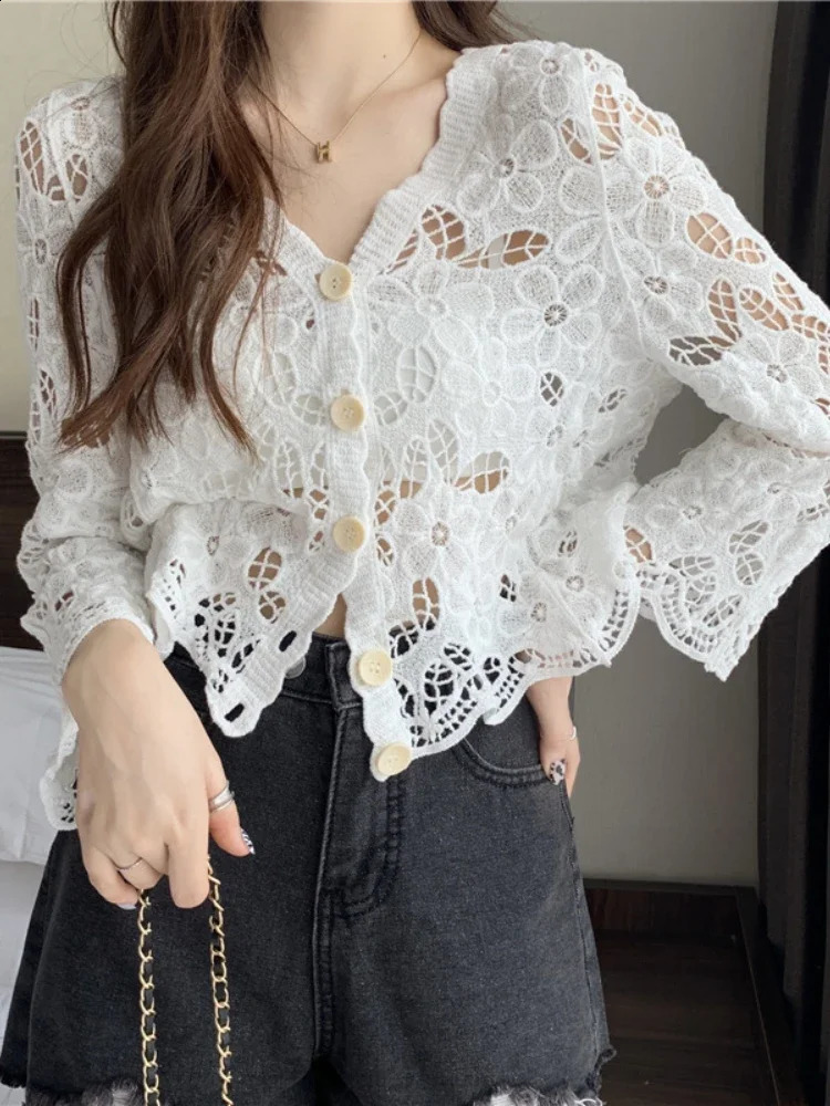 V-neck Solid Lace Long-sleeved Openwork Button Long Sleeve Top Cover-ups Blouse Women Cardigan Hollow Mesh Cardigan Knitwear 250411