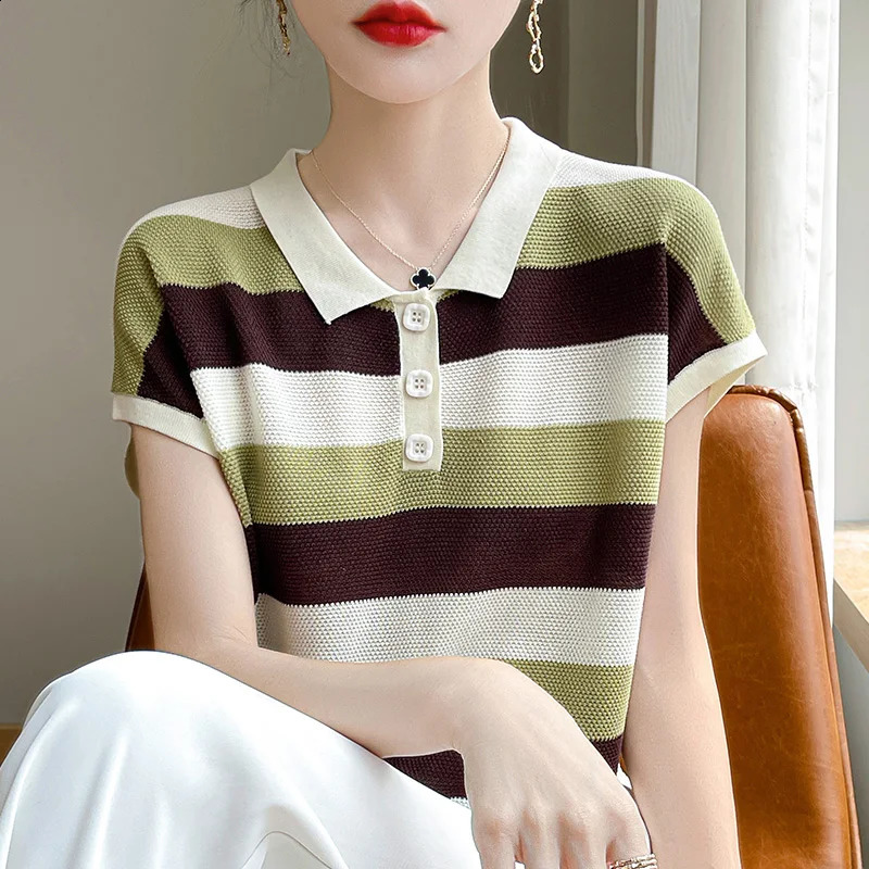 Summer Thin Short-sleeved Womens POLO Neck Knitwear Button Contrast Loose Half Sleeve T-shirt 250411