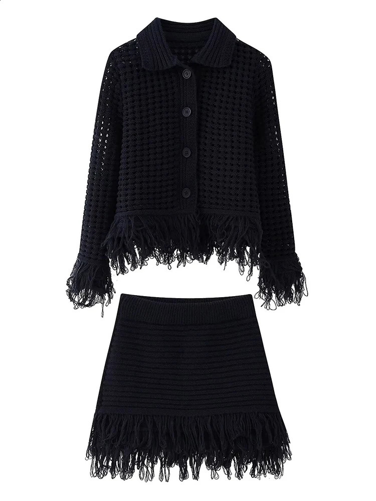 TRAFZA Vintage Women Knitted Hollow Out Tassel Mini Skirt Set Fashion Knit CardiganFringe Mini Skirt Spring Streetwear Suit 250411