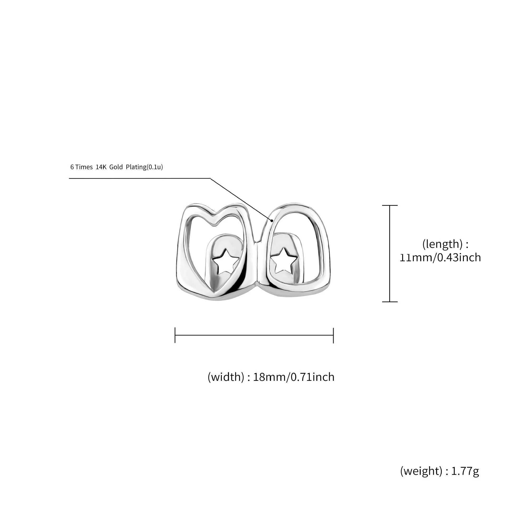 Hip Hop Double Hollow Heart Teeth Grillz 14K Gold Plated Dental Cap per Day W250412