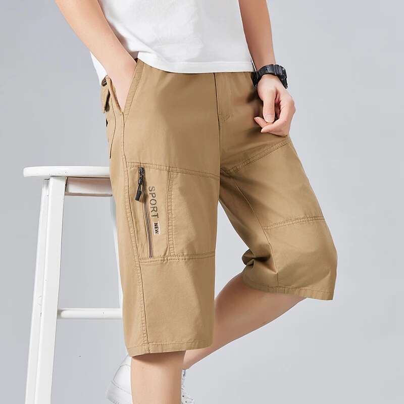 Summer Men Cotton Cargo Shorts Knee Zipper Pocket Casual Tactical Short Elastic Waist Climbing Sports Joggers Cropped Pants Male