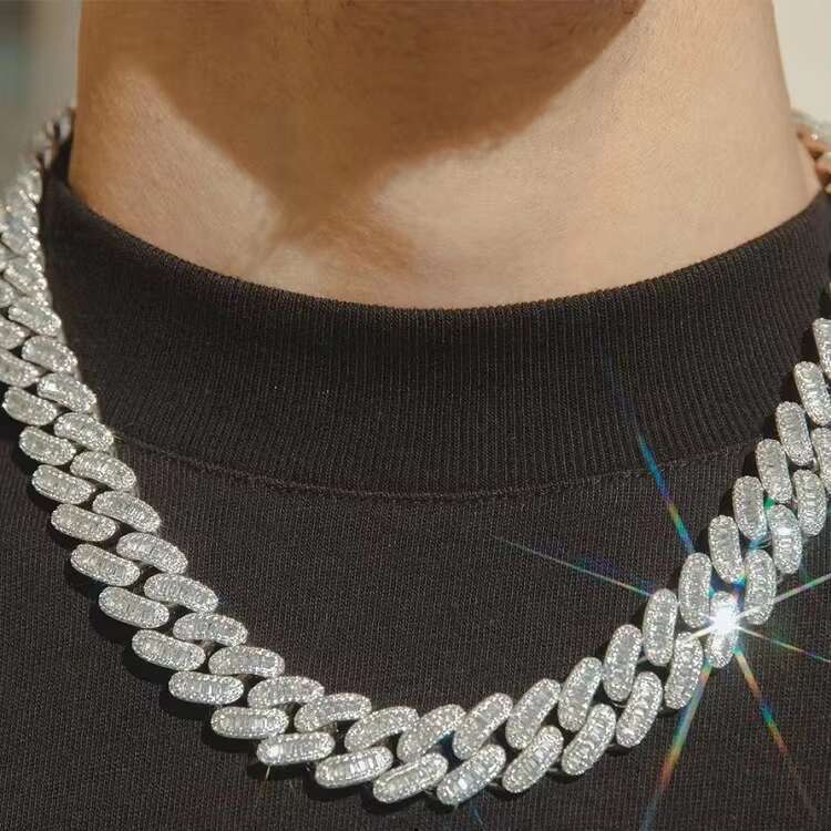 Hip Hop 16mm Wide Baguette Moissanite Diamond 18K Gold Plated Solid Silver Necklace Cuban Link Chain
