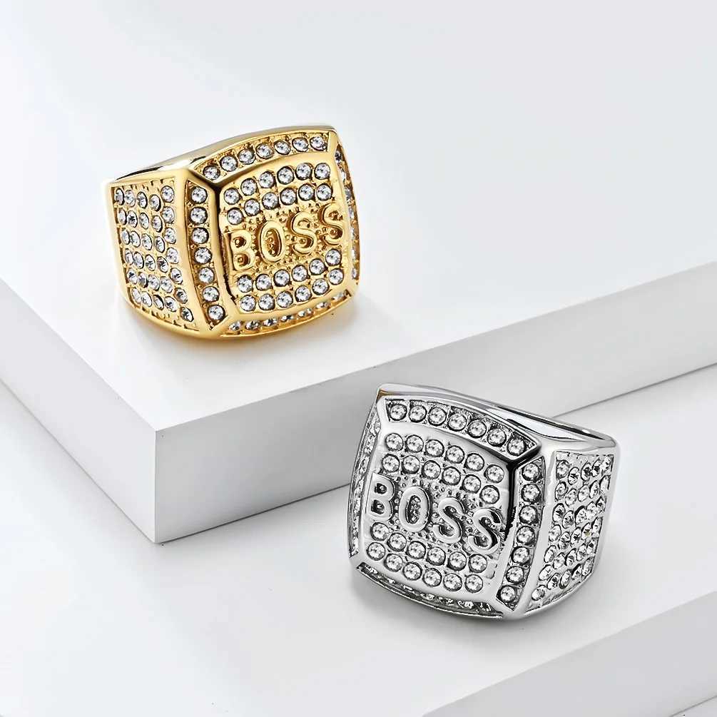Hip hop Shining Zircon BOSS Ring Mens Stainless Steel Ring Gold Plated JewelryXJ250412