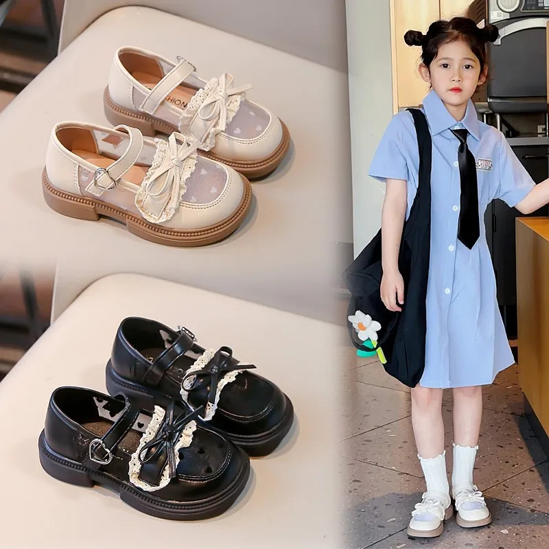 2-14Y Princess Girl Shoes Baby Childrens Fashion Mary Jane Shoes Girl Lolita Style Ruffle Lace Dress Black Beige 250411