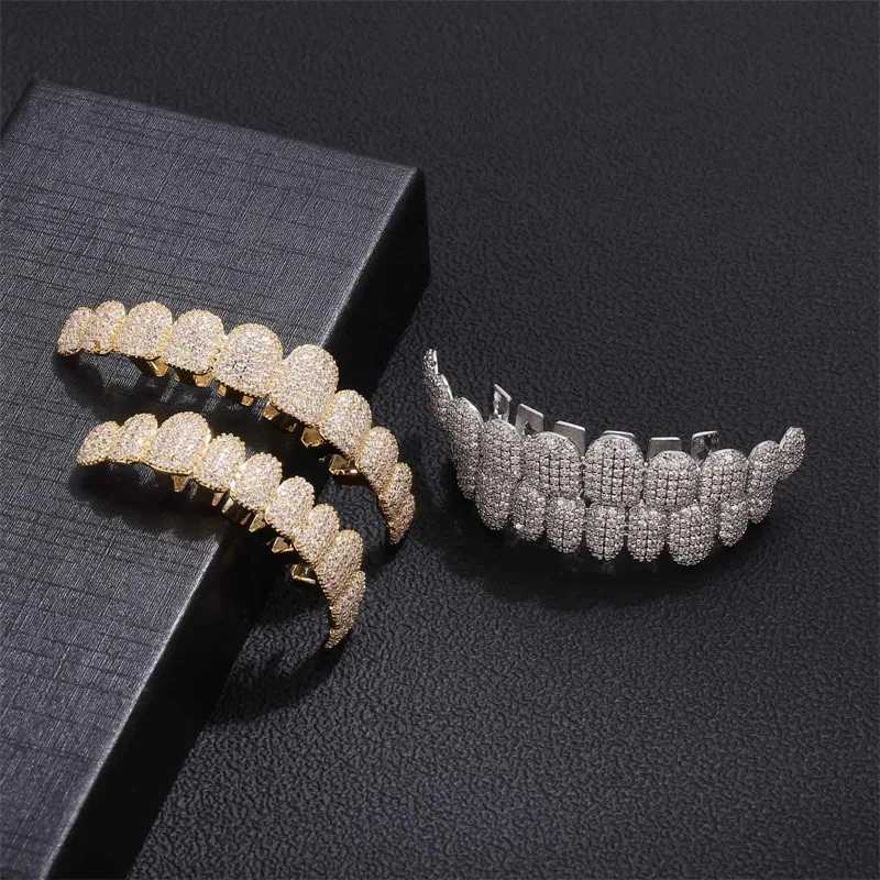 Big Shinning Bling Iced Out Teeth Grizz Hip Hop Top and Bottom Grills Teeth Mouth Punk Teeth Hat Cosplay Party TG134 W250412