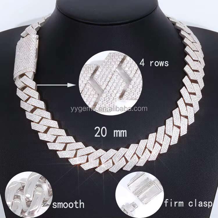 Solid Silver Heavy Weight Cuban Chain 20mm Wide Iced Out VVS Moissanite Diamond Chain Link for Mens Jewelry Daily Life