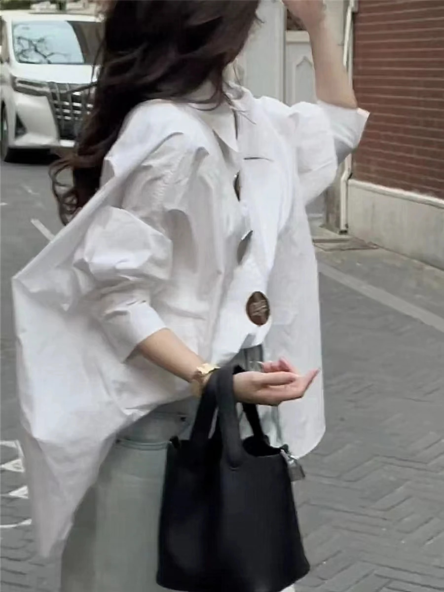 In Autumn Loose Casual Cotton Buttons Up Shirts For Women Lantern Sleeve Top Korean Oversized Shirt Blouse 250411