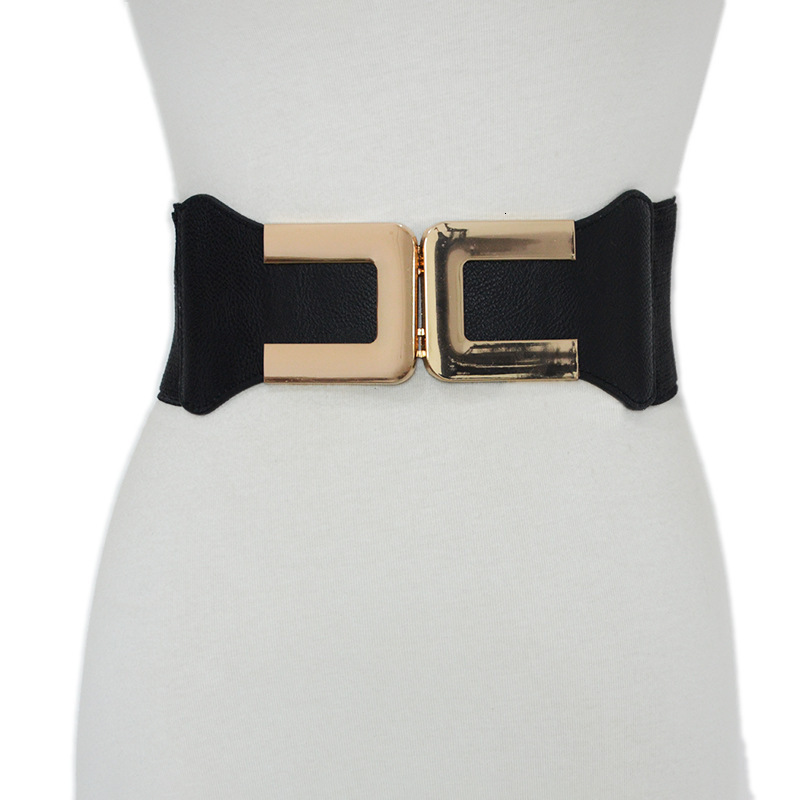 Fashionable minimalist women's black elastic wide waistband with gold buckle decorative skirt, coat, versatile and slim fit waist seal