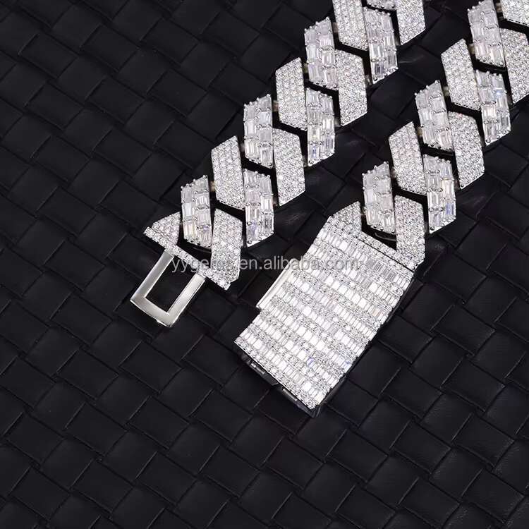Customized Luxury 22mm Width Mens Link S925 Silver with Iced Out Vvs Moissanite White Gold Plated baguette Cuban Chain