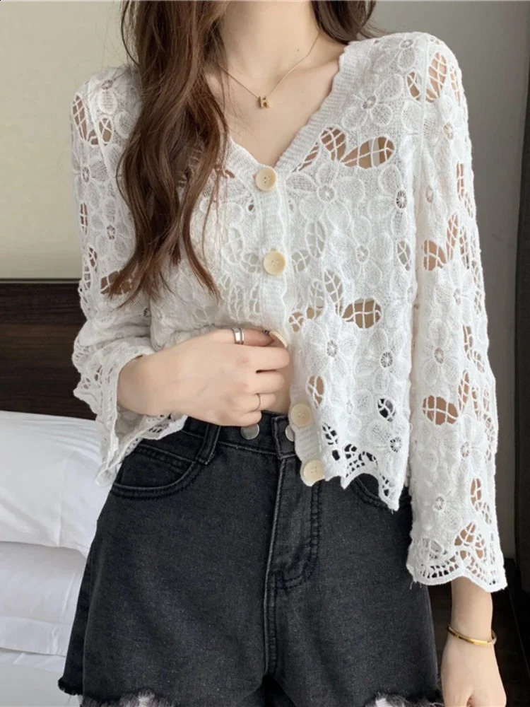 V-neck Solid Lace Long-sleeved Openwork Button Long Sleeve Top Cover-ups Blouse Women Cardigan Hollow Mesh Cardigan Knitwear 250411