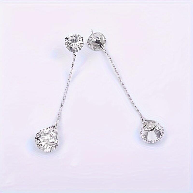 Crystal ear - Womens Sterg Sier Round Cubic Zirconia CZ Dia Rhie Long Chain Dangle Bridal Drop Earrings for Wedding Bride Bridesmaids