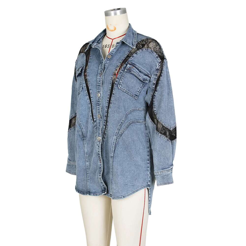 Streetwear Oversized Denim Long Shirt Coat For Women 2024 Autumn Spring Fashion Lapel Asymmetrical Lace Patchwork Casual Jackets