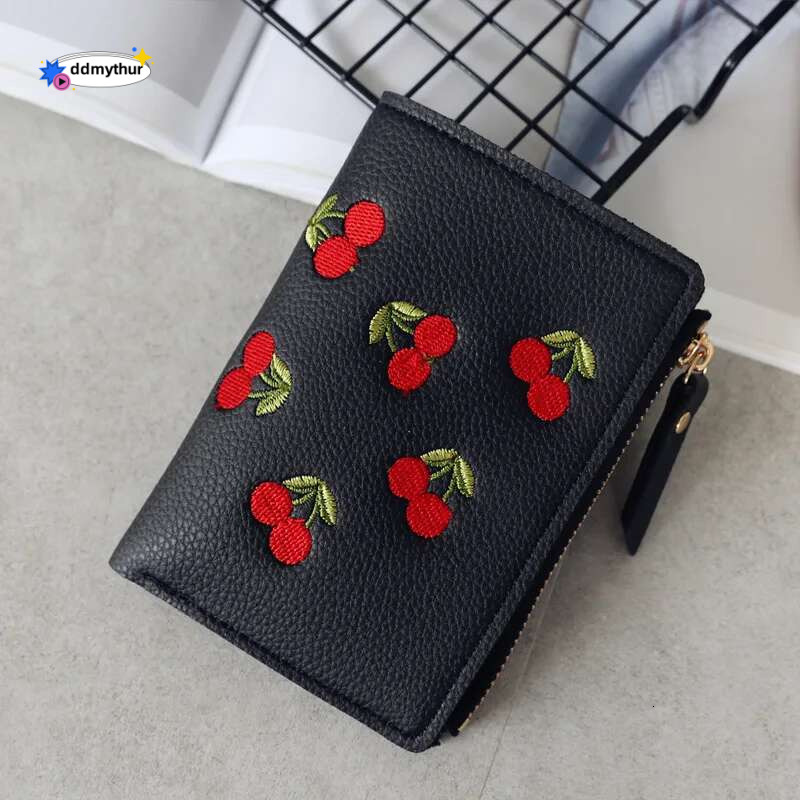 New Cherry Fruit Embroidery Women Purse Wallets Fashion Simple Students Small PU Leather Wallet Mini Card Holder Bags ddmythur