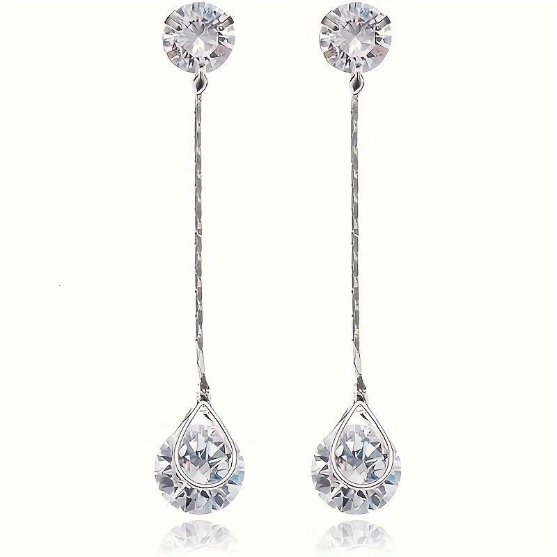 Crystal ear - Womens Sterg Sier Round Cubic Zirconia CZ Dia Rhie Long Chain Dangle Bridal Drop Earrings for Wedding Bride Bridesmaids