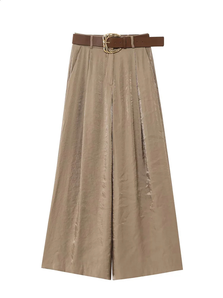 TRAFZA Womens Chic Solid Belt Wrinkles Decorate Casual Loose Long Pants Woman Elegant Side Pocket Zipper Wide Leg Long Pants 250411