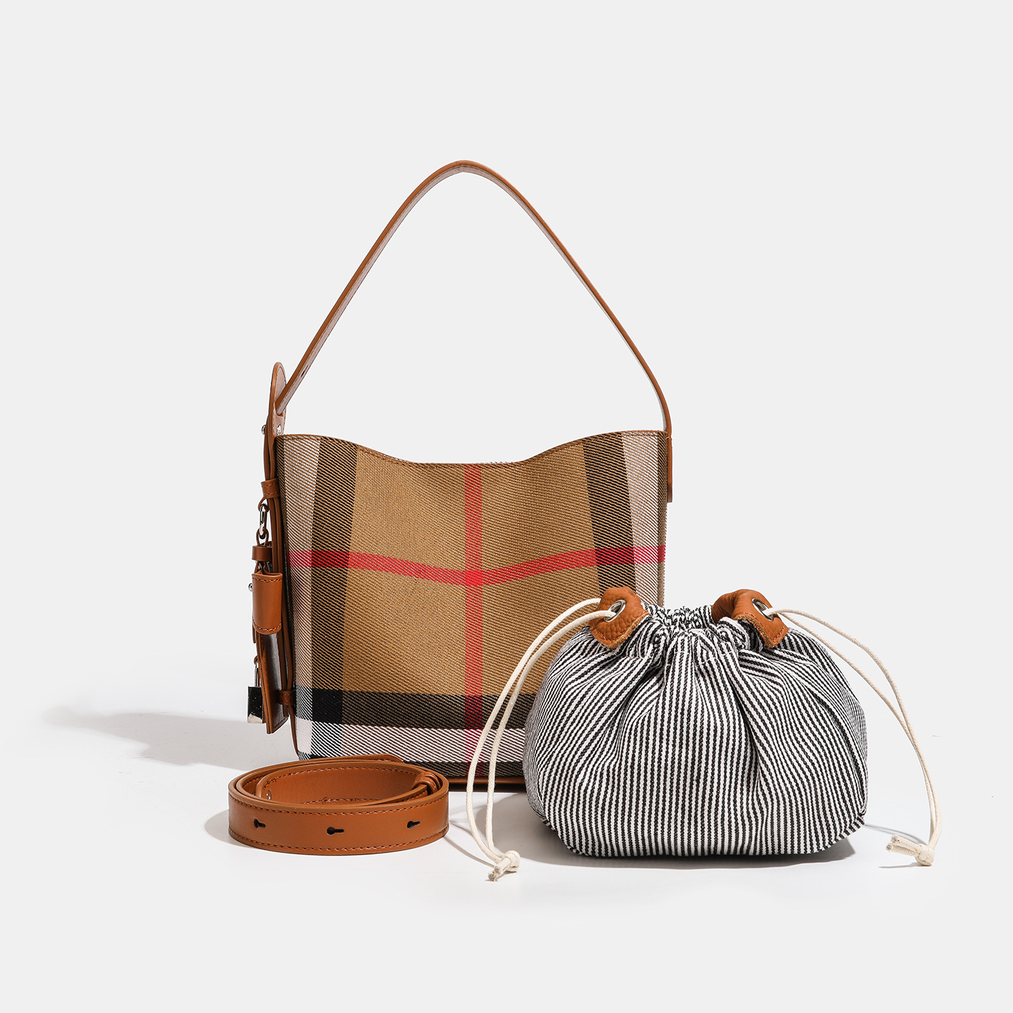 New Style Plaid Cloth with Leather Bucket Bag 2025 High-end Casual Large Capacity Women's Bag Plaid Handbag Shoulder Bag