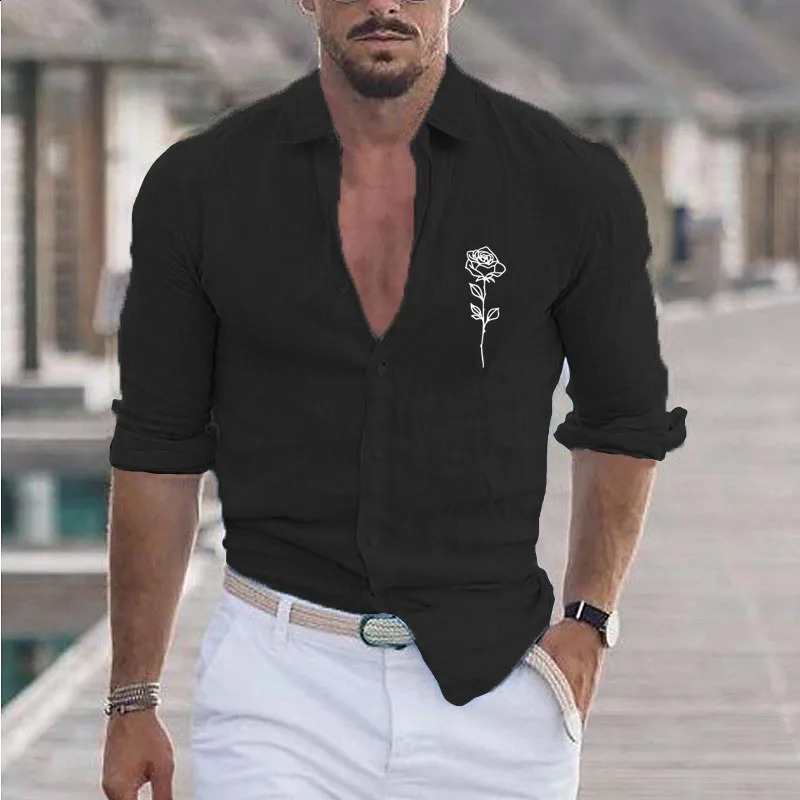 Mens Summer Cotton And Linen Lapel Beach Shirt Long Sleeve Solid Color Hawaiian Holiday Clothing Rose Pattern Shirt 250411