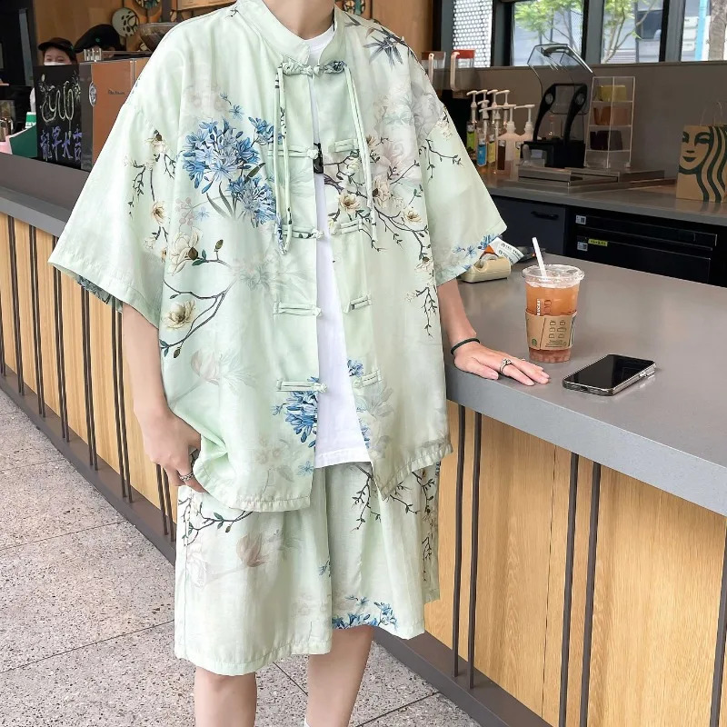 Chinese Style Casual Sets Men Summer Loose Set Short Shirts Shorts Plus Size 5XL Men Fashion Print Tracksuits Mens Clothing 250407
