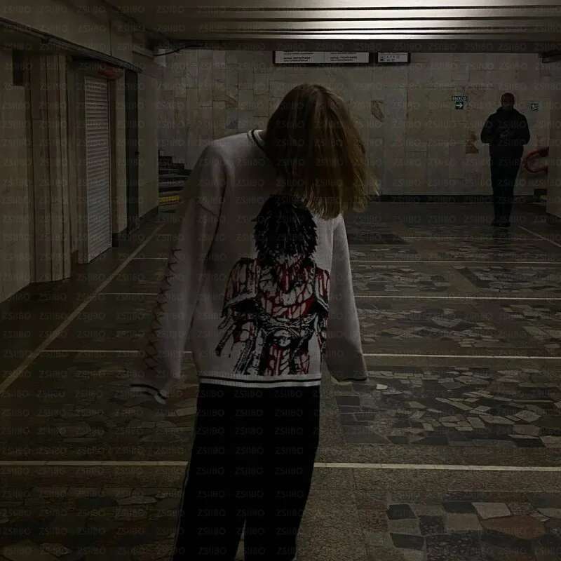 Gothic Black Cartoon Anime Jacquard Knitted Y2k Winter Warm Oversized Women's Sweater 2000S Punk Hip-Hop Streetwear